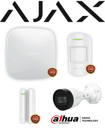 AJAX+DAHUA Integra KIT 2- Paquete de Alarma Inalámbrica AJAX Hub2Plus conexión Ethernet / WiFi / LTE  Sensor PIR   Sensor Magnético y Cámara Dahua IP Bala de 2 MP Lente de 2.8mm IR de 30 Mts IP67 DWDR. Integración de cámaras Dahua mediante APP AJAX