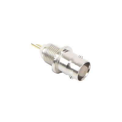 Conector BNC Hembra de Montaje Frontal D-Plano  Soldable  Rondana de Seguridad  Níquel/ Oro/ Delrin.
