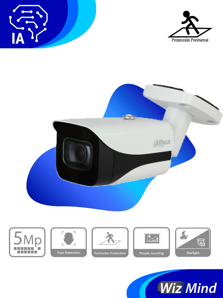 DAHUA IPC-HFW5541EN-SE-0280B - Cámara IP Bullet Resolución de 5 MP/ Lente 2.8 mm/ ? 102°/ IR 50 mts/ IA WizMind/ Detección Facial/ Protección Perimetral/ Conteo de Personas/ Starlight/ ePoE/ WDR/ H.265+/ IP67/