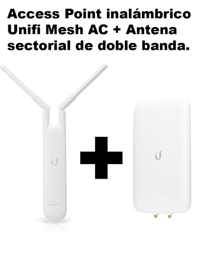 Kit UniFi Mesh AC con Antena Sectorial: Access Point para exteriores con doble banda 802.11ac  MIMO 2x2  potencia de 20 dBm  hasta 1167 Mbps. Incluye Inyector PoE y antena de 90 grados a 10dBi en 2.4GHz  y antena de 45 grados a 15dBi en 5GHz.