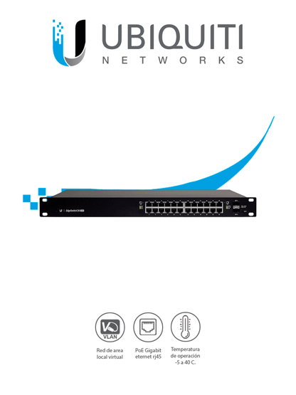 UBIQUITI ES-24-250W - Edge Switch Gigabit PoE 250W de capa 2 administrable con 24 puertos Gigabit y 2 puertos SFP. Capacidad de conmutación de 52 Gbps.