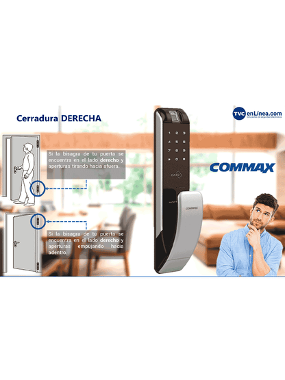 COMMAX CDL210R - Cerradura biométrica inteligente con apertura por medio de diferentes validaciones como huella  PIN o tarjeta mifare/ Soporta hasta 100 usuarios/ requiere baterías AA/ Incluye 2 llaves mecánicas y llaveros RFID