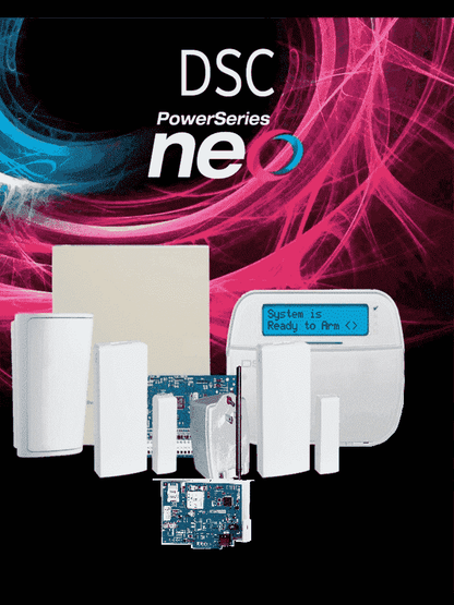 DSC NEO-RF-LCD-IPLTE-SB Paquete NEO 32 Zonas /Comunicador Dual TL280LE/Panel HS2032/Teclado RF LCD HS2LCDRF9N/2 Contactos PG9303/1 PIR Inalámbrico PGP9914/Transformador/Gabinete GMX003. Sin Batería