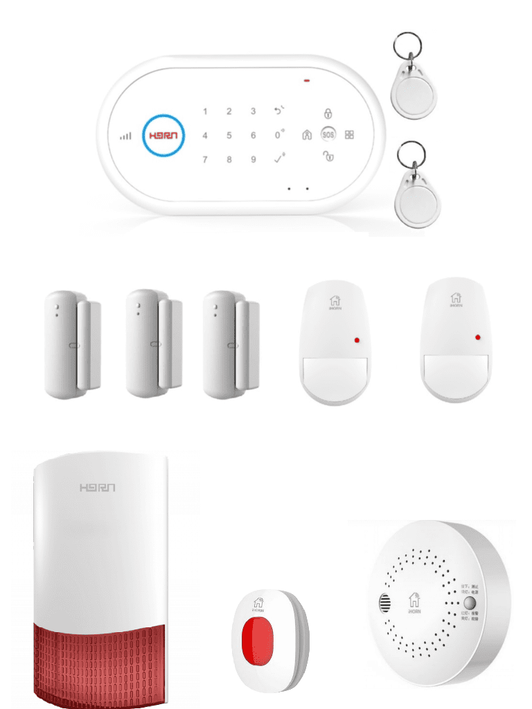 IHORN ND1 Megapack - Paquete de Alarma Incluye Panel ND1 con Comunicación 2G. 32 Zonas Inalámbricas. 2 Sensores de Movimiento. 3 Contactos Magnéticos. Sirena Inalámbrica de Exterior. Sensor de Gas Inalámbrico y Botón de Pánico. Incluye Fuente y 2 Ta