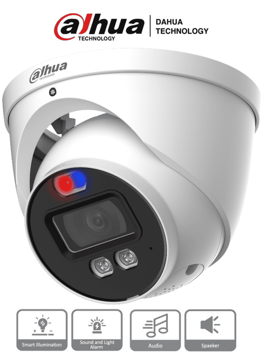 Dahua HAC-ME1509H-A-PV - Camara Domo TiOC de 5 Megapixeles/ Disuasión Activa Sirena y Estrobo integrado/ Lente de 2.8mm/ Super Adapt/ Microfono integrado/ 40 Metros de Iluminacion (Calida)/ Metalica/ IP67/