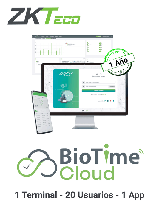 ZKTECO BIOTIMECLOUDLITE - Licencia para asistencia en la nube de 1 año / 1 dispositivo / 20 usuarios / 1 app / 30 000 eventos