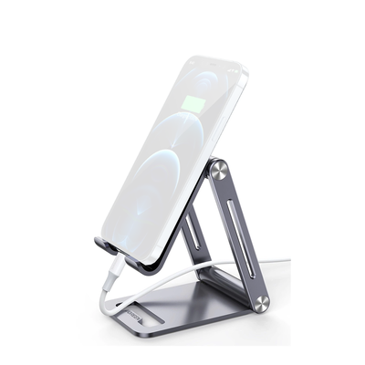 Soporte para Teléfono Celular de Aluminio | Angulo Ajustable | Amplia Compatibilidad con dispositivos de 4.7   a 7.9   | Antideslizante | Antiarañazos | Plegable | Color Gris.
