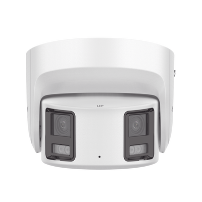 [ PROTECCIÓN ACTIVA ] Turret IP Panorámica 8 Megapíxel / 2 Lentes 4 mm (180°) / Imagen a Color 24/7 (ColorVu) / PoE / WDR 130° / IP67 / ACUSENSE / Luz Estroboscópica y Alarma Audible / 30 mts Luz Blanca / Micro SD