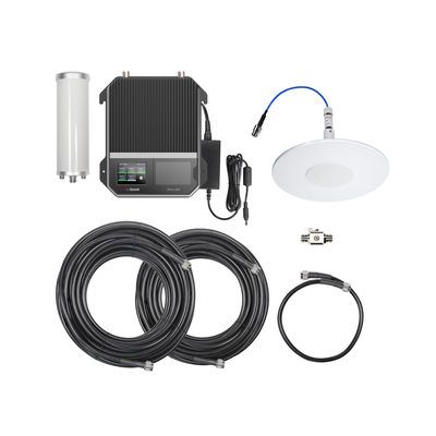 KIT Amplificador de señal celular 4G LTE  3G y VOZ. Especial para cubrir áreas de hasta 1600 m² por ser de grado comercial e industrial. Soporta múltiples operadores  tecnologías y usuarios.