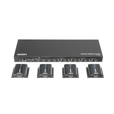 MATRICIAL Y EXTENSOR DE VIDEO HDMI 4 x 4 / 4 Entradas HDMI / 4 Salidas HDMI Loop / 4 Salidas RJ45 para Extender la señal 40 metros por salida  /  1080 @ 60Hz / Conmutación por RS232  Control Remoto o Ethernet.
