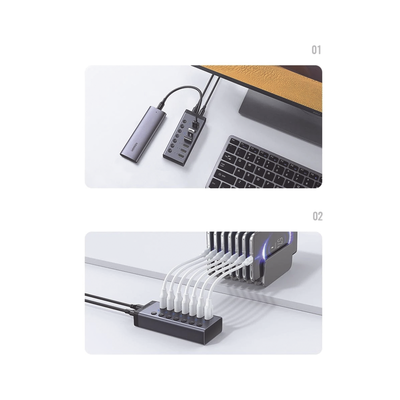 HUB de 7 Puertos USB 3.0  / 4 puertos de Carga Inteligente / Interruptor Individual / Indicadores LED / USB 3.0 a 5Gbps / 1 USB-C Hembra (solo datos) / Incluye Adaptador de Corriente 12V 2A / 7 en 1