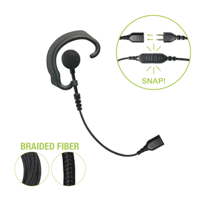 Auricular de gancho para el oído (RESPONDER) con cable de fibra trenzada y conector SNAP. Requiere micrófono de solapa de 1 o 2 hilos de la Serie SNAP.