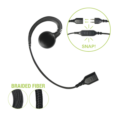 Auricular giratorio con gancho en forma de "G" con cable de fibra trenzada y conector SNAP.  Requiere micrófono de solapa de 1 o 2 hilos de la Serie SNAP.