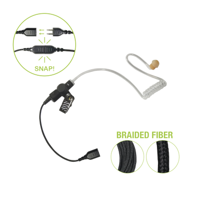 Auricular de tubo acústico transparente con cable de fibra tranzada con conector SNAP tipo MIRAGE. Requiere micrófono de solapa de 1 o 2 hilos de la Serie SNAP.
