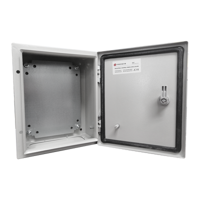 Gabinete de Acero IP66 Uso en Intemperie (400 x 400 x 200 mm) con Placa Trasera Interior de Metal y Compuerta Inferior Atornillable (Incluye Chapa y Llave T).