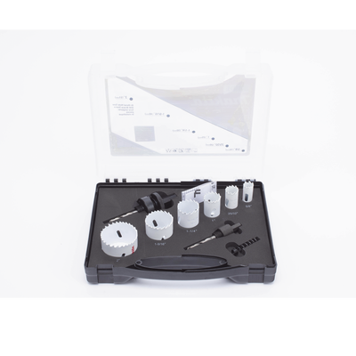 Kit de broca sierras (3/4 - 2 1/4 in) incluye 6 piezas de broca sierras  2 adaptadores y resorte de expulsión.