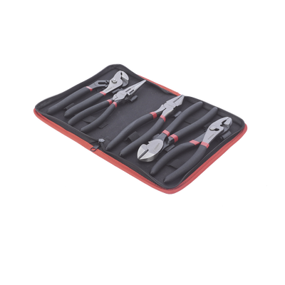 Juego de 5 Pinzas de 8" con Estuche. Incluye: P. Mecánica  P. para Tubo  P. Eléctrica  P. Corte  Nariz Larga.