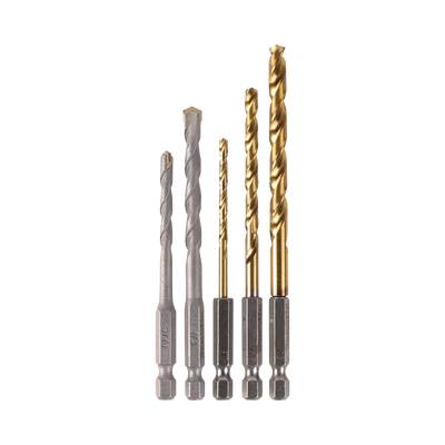 Juego de 5 Brocas con Inserción Hexagonal de 1/4". De concreto: 3/16" y 1/4". Para metal: 1/8"  3/16" y 1/4".