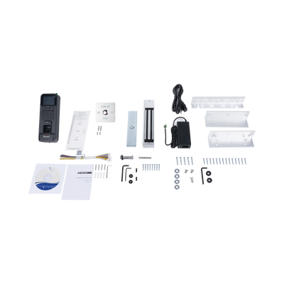 Kit de Control de Acceso TODO INCLUIDO con Lector de Huellas y Tarjetas / 3 000 Huellas / Compatible con App Hik-Connect / Incluye Electroimán  Botón de Salida y Montajes Z y L para imán (DS-K1T804)