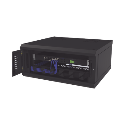 Gabinete de Montaje en Pared  Con Puerta de Cristal  Cuerpo Fijo con Rack  de 19in  4UR  Color Negro