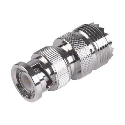 Adaptador en Linea para 50 Ohm  Conector BNC Macho-UHF Hembra (SO-239)  Níquel/ Oro/ Delrin.