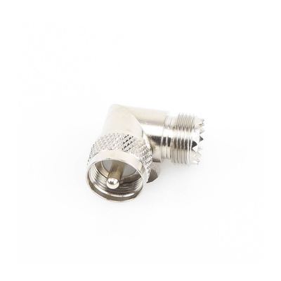 Adaptador en Ángulo Recto  de Conector UHF Macho (PL-259) a UHF Hembra (SO-239)  Níquel/ Oro/ Delrin.