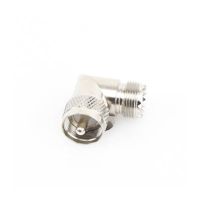 Adaptador en Ángulo Recto  de Conector UHF Macho (PL-259) a UHF Hembra (SO-239)  Níquel/ Oro/ Delrin.