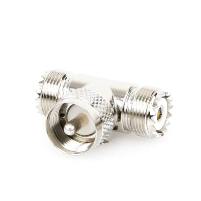 Adaptador en forma T  de Conector UHF Macho (PL-259) a Doble UHF Hembra (SO-239)  Níquel/ Plata/ Delrin.