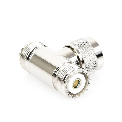 Adaptador en forma T  de Conector UHF Macho (PL-259) a Doble UHF Hembra (SO-239)  Níquel/ Plata/ Delrin.