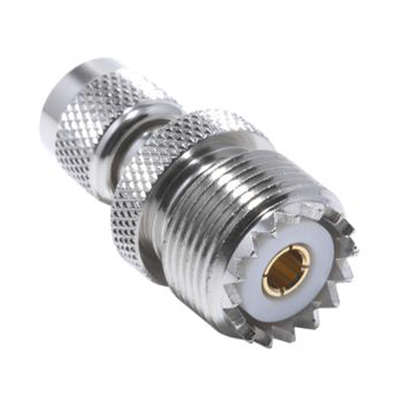 Adaptador en Línea de Conector Mini UHF Macho a UHF Hembra (SO-239)  Níquel/ Oro/ Teflón.