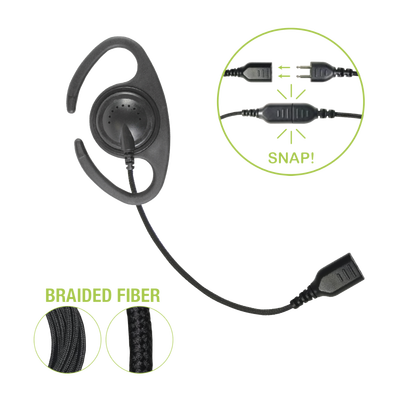 â€‹Auriculares de gancho en forma de "C" con cable de fibra trenzada y conector SNAP. Requiere micrófono de solapa de 1 o 2 hilos de la Serie SNAP.