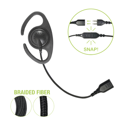 â€‹Auriculares de gancho en forma de "C" con cable de fibra trenzada y conector SNAP. Requiere micrófono de solapa de 1 o 2 hilos de la Serie SNAP.