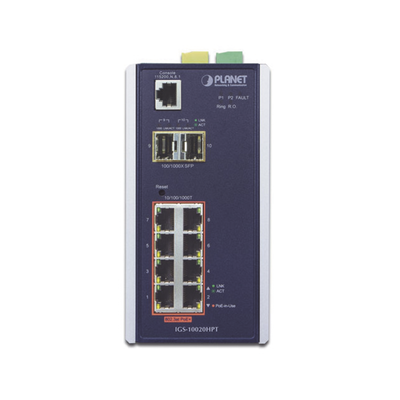 Switch Industrial Administrable Capa 2  8 puertos PoE Gigabit 802.3af/at  2 Puertos SFP de 1 / 2.5 Gigabit  Entrada de Voltaje Secundaria para Fuente Redundante
