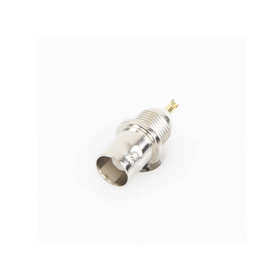 Conector BNC Hembra de Montaje Frontal D-Plano  Soldable  Rondana de Seguridad  Níquel/ Oro/ Delrin.