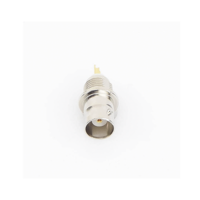 Conector BNC Hembra de Montaje Frontal D-Plano  Soldable  Rondana de Seguridad  Níquel/ Oro/ Delrin.