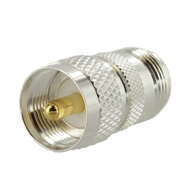 Adaptador en Línea de Conector N Hembra a UHF Macho (PL-259)  Plata/ Oro/ Teflón.