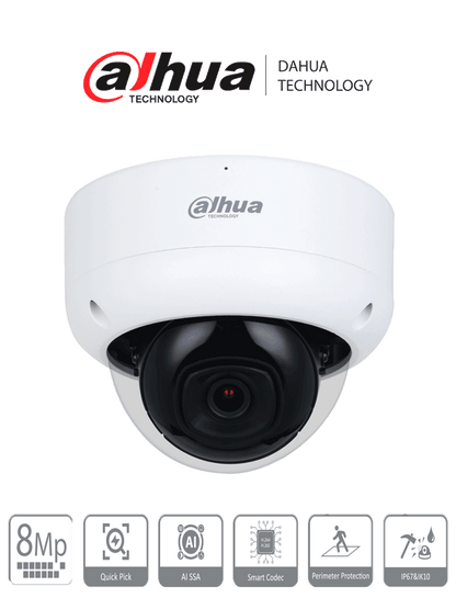 DAHUA DH-IPC-HDBW3841E-AS-S2 - Camara IP Domo Antivandalica 4k/ 8 Megapixeles/ WizSense/  Lente de 2.8 mm/ 107°/ Microfono integrado/ IR 30m / SMD 4.0/ AI SSA/ Ranura MicroSD/ PoE/ IP67/ IK10/ E&S de Alarma y Audio