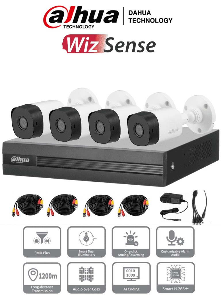 DAHUA KITXVR1B04H-I+4-B1A21 - Kit de 4 Canales de 2 Megapixeles/ DVR de 5 Megapixeles Lite Cooper I/ con IA/ 4 Camaras B1A21 de 3.6 mm/  4 Canales + 1 IP/ o Hasta 5 Canales IP/ SMD Plus/ Búsqueda de Humanos y Vehiculos/ Accesorios Incluidos/ #Unicas