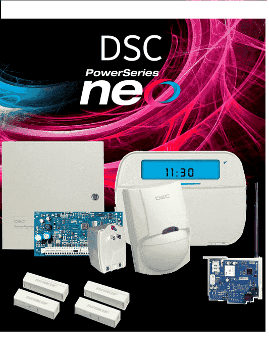 DSC NEO-ICON-IP3G-SB - Paquete SERIE NEO con panel HS2032 de 8 zonas cableadas expandible a 32/Teclado de Iconos HS2ICN /Sensor PIR LC-100- PI Cableado/2 contactos blancos cableados/Transformador/Gabinete GTVCMX003/Comunicador Dual TL2803G/Sin Bater