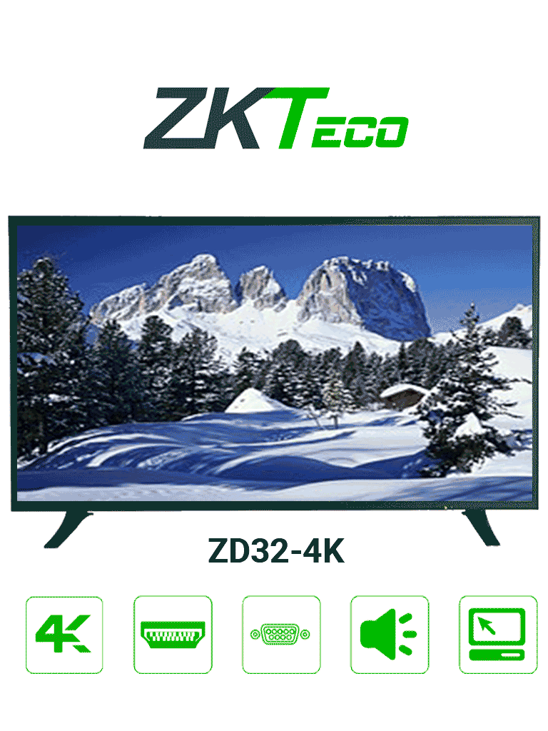 ZKTECO ZD324K - Monitor LED UHD Profesional de 32 pulgadas / Resolución 3840 x 2160 / 3 Entradas de video HDMI y 1 VGA / Altavoces Incorporados / Ángulo de Visión Horizontal 170° /  Soporte VESA / Operación24/7 /  Incluye Cable HDMI