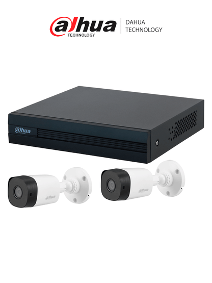 DAHUA KITXVR1B04-I+2-B1A21N/ Kit de 4 Canales de 2 Megapixeles/ DVR Cooper-I WizSense/ Con IA/ 2 Camaras B1A21 con Lente de 3.6mm/ 1080p/ 4 Canales + 1 IP o Hasta 5 Canales IP/ SMD Plus/ Accesorios Incluidos