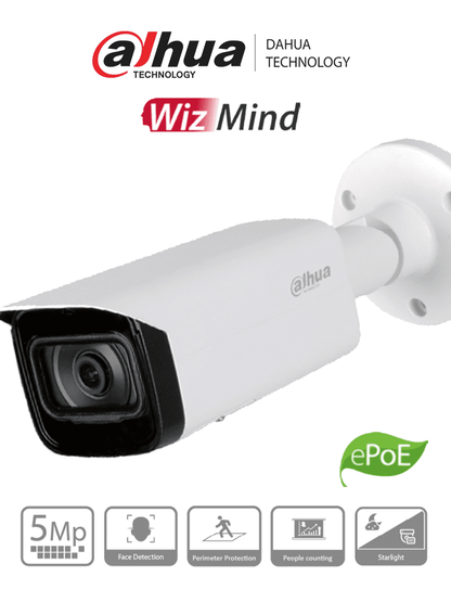 DAHUA DH-IPC-HFW5541TN-ASE Cámara IP Bullet WizMind de 5 MP/ H.265/ SMD 3.0/ LED IR 80 Mm/ Ranura Micro SD/ ePoE/  Protección IP67 /IK10/ E&S de Alarmas y Audio