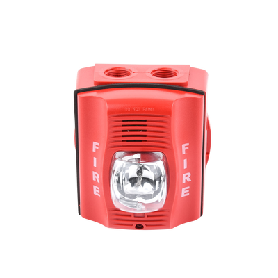 Sirena con Lámpara Estroboscópica / para Exterior / a 2 Hilos / Montaje en Pared / 12 o 24 Vcd / Configuración Estroboscópica Seleccionable / Texto en Inglés / Incluye Caja de Montaje / Color Rojo