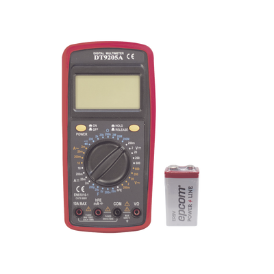 KIT Multímetro Digital DT9205A 600 Vcc /  Vca  CATII   con Pantalla LCD. Incluye Batería ER-9V de 9V