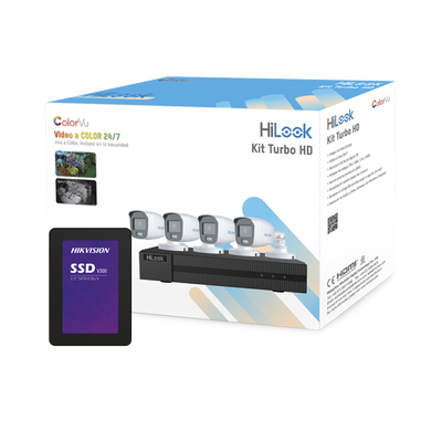 Kit TurboHD 1080p + SSD 500 GB / DVR 4 Canales / 4 Cámaras Bala ColorVu con Micrófono Integrado / Fuente de Poder / Accesorios de Instalación