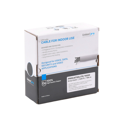 Bobina de cable de 100m  Cat5e  24 AWG  color Gris  UL  para aplicaciones en videovigilancia  redes de datos. Uso Interior