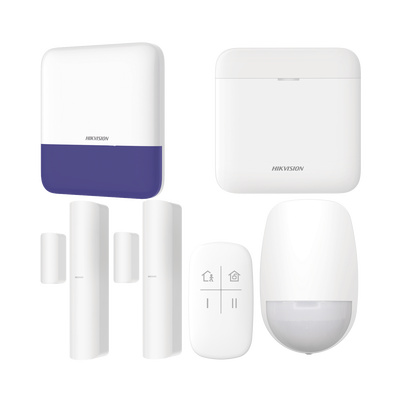 (AX PRO) KIT de Alarma AX PRO / Incluye: 1 Hub con bateria de respaldo / 1 Sensores PIR / 2 Contactos Magnéticos / 1 Control Remoto / 1 Sirena Inalambrica Exterior / WiFi / Compatible con Hik-Connect P2P