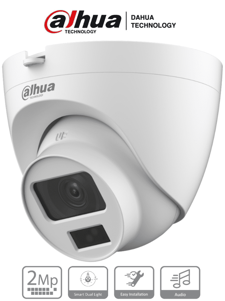 DAHUA HAC-HDW1200CLQN-IL-A - Camara Domo de 2 Megapixeles/ Iluminación Dual Inteligente + FullColor/ Lente de 2.8 mm/ 102 Grados de Apertura/ 20 Metros de IR y Luz Visible/ Microfono Integrado/ IP67/ Soporta:  CVI/CVBS/AHD/TVI/
