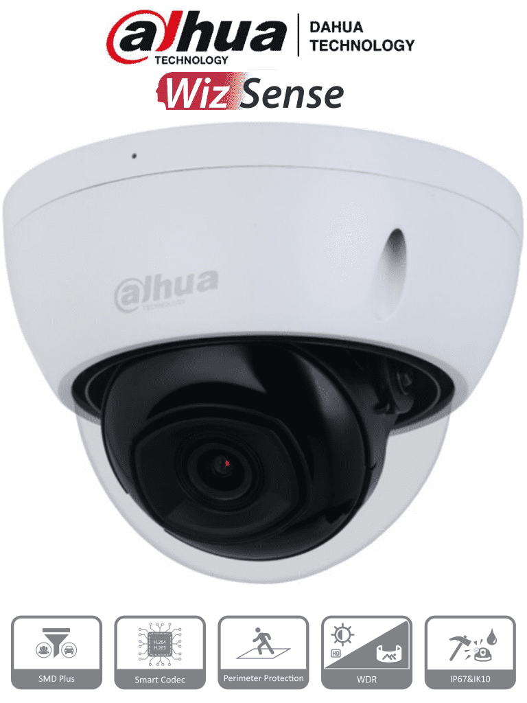 DAHUA IPC-HDBW2541E-S - Cámara IP domo antivandálica 5 MP  cuenta con lente de 2.8 mm y visión de 111°. Ofrece visión nocturna IR 30 m  WizSense  SMD Plus  micrófono integrado  PoE  ranura MicroSD  protección IP67 e IK10  WDR real de 120 dB y H.265+