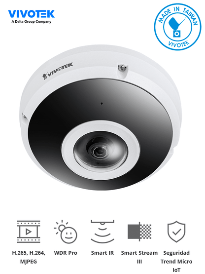 VIVOTEK FE9380-HV - Cámara IP fisheye exterior 5 MP  H.265  panorámica 360º  Smart IR 10m  WDR Pro  micrófono integrado  IP66/IK10  ciberseguridad Trend Micro  Smart Stream III  visión SNV  NDAA  ONVIF